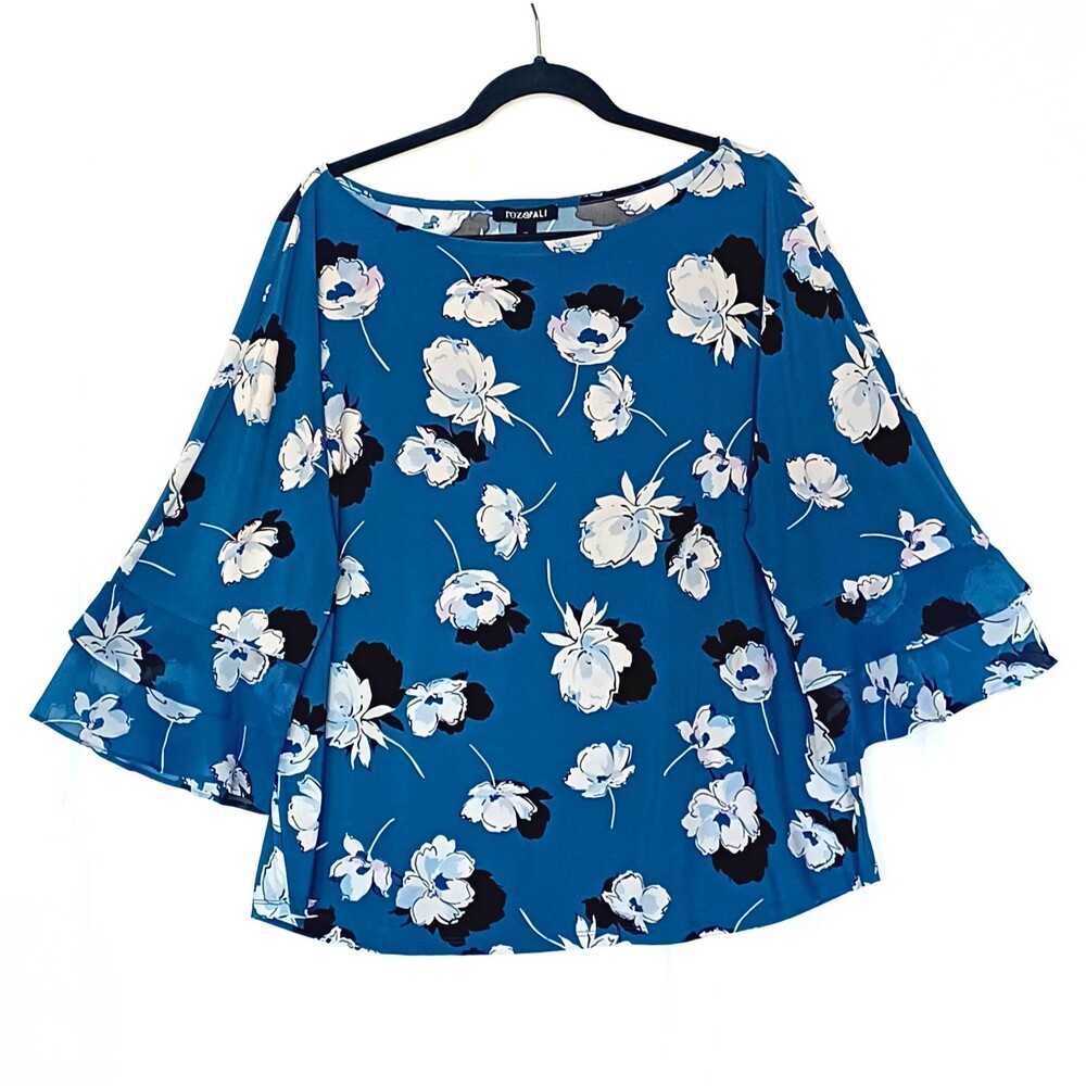 Roz & Ali Women’s XL Blue White Floral Blouse Double Layered Bell Sleeve Light